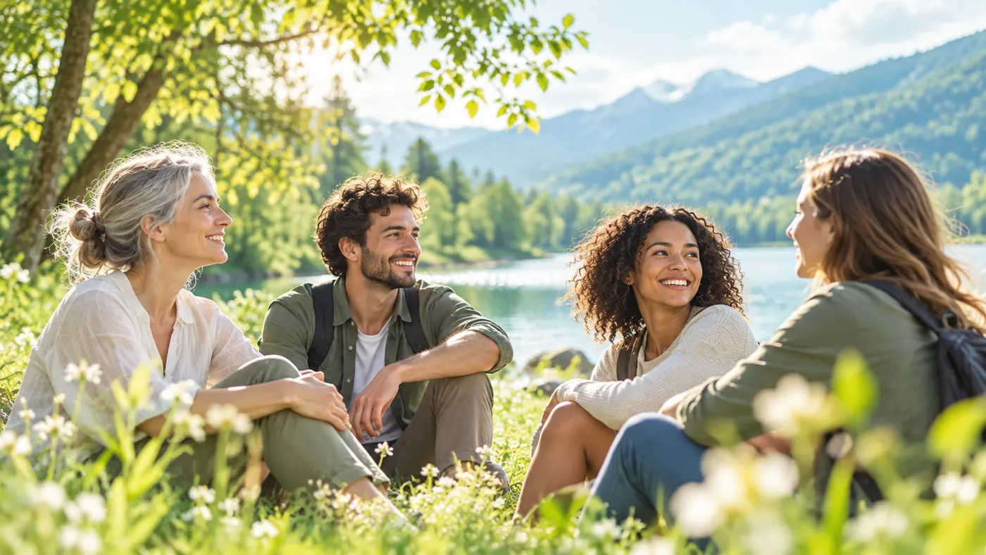 Un groupe échange dans un environnement naturel au bord d’un lac