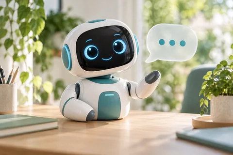 Un assistant robot sur un bureau lumineux
