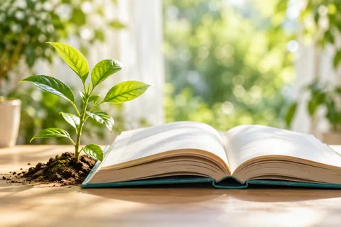 Un livre ouvert et une jeune plante, symboles de connaissance