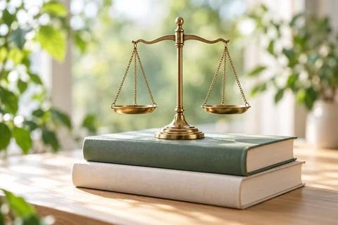 Une balance de justice posée sur des livres